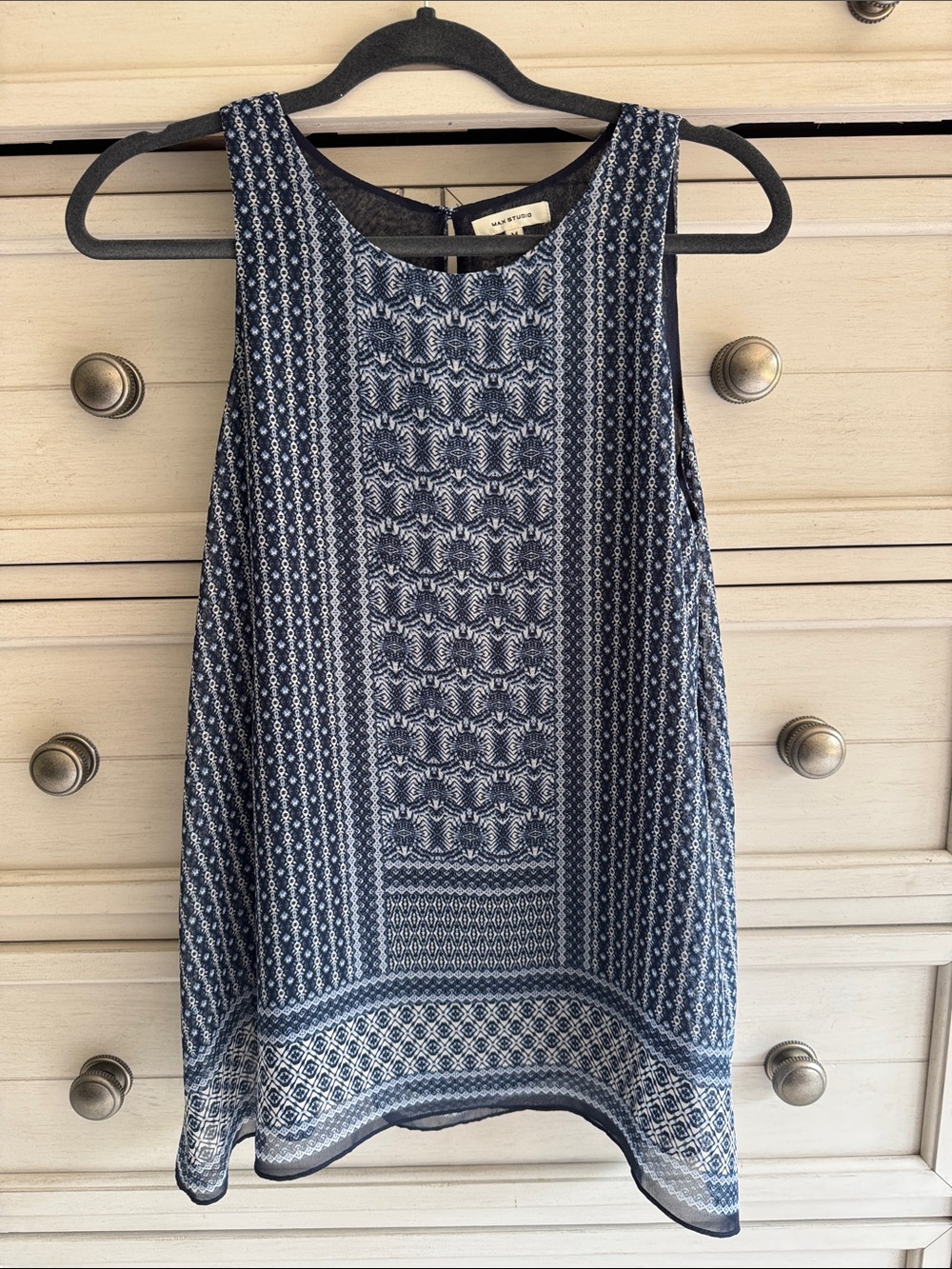 Max Studio Navy and White Printed Sleeveless Tunic